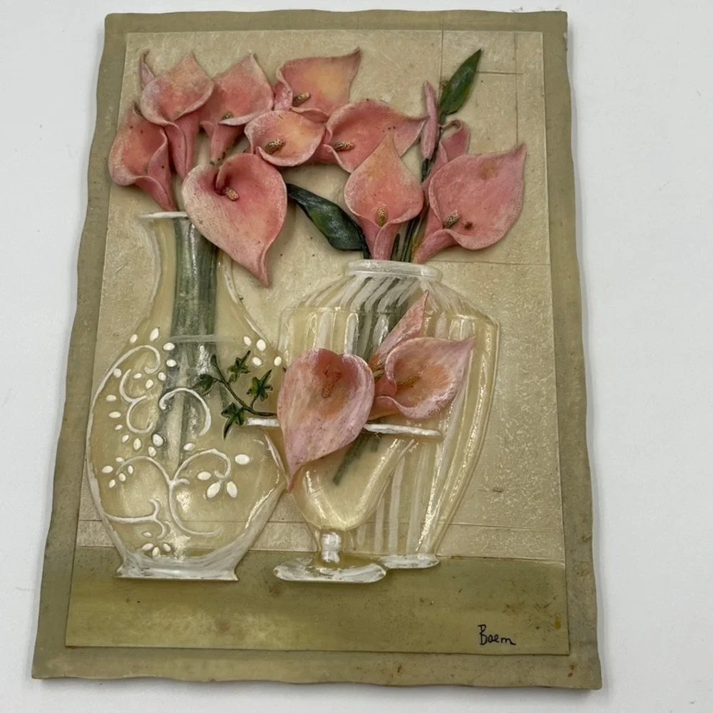 Baem Signed 3D Floral Relief Wall Plaques Set of 2 Calla Lily Purple Flowers 7in